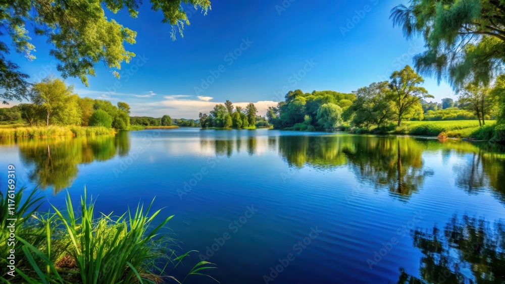 A tranquil lake scene with a clear blue sky and lush greenery in the foreground, sunny day A tranquil lake scene with a clear blue sky and lush greenery in the foreground, sunny day