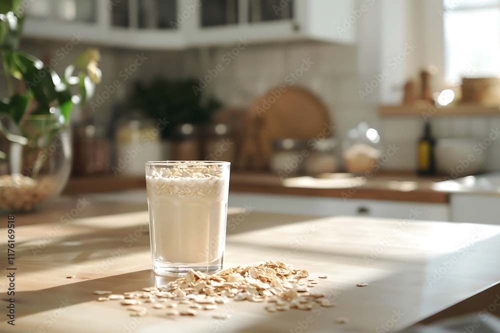 Milkshake with oat flakes in a glass on the table Milkshake with oat flakes in a glass on the table