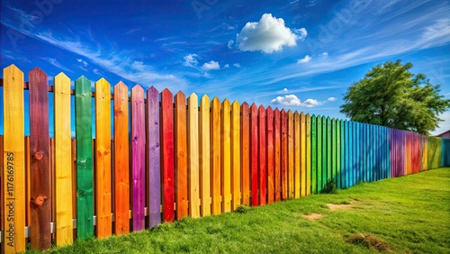 Sky Blue Fence Panels, Colorful Garden Fence, Painted Wood Fence, Outdoor Fence Design, Privacy Fence Ideas, Modern Fence Styles, Best Fence Colors, Fence Installation, Backyard Fence, Viny photo