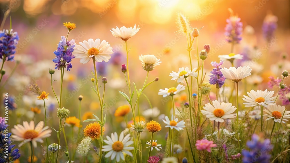 Fototapeta premium Gentle petals of peach and lavender blend with soft yellows and whites to create a whimsical cluster of wildflowers in a sun-kissed field, floral arrangement, pastel colors