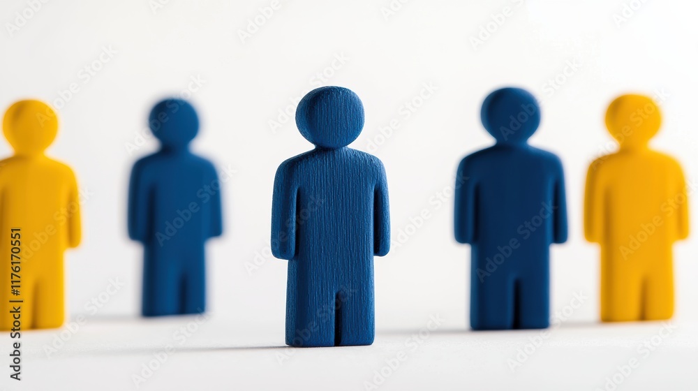 Blue human figures on white background with yellow peers Blue human figures on white background with yellow peers