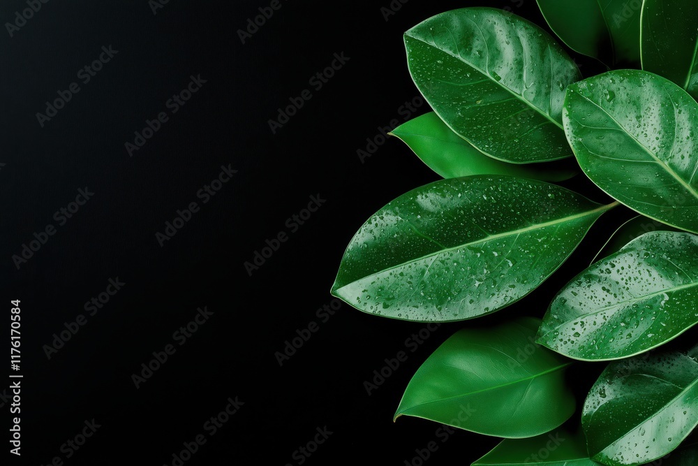 Fototapeta premium Close-up of fresh green leaves with water droplets on a dark background, space for text