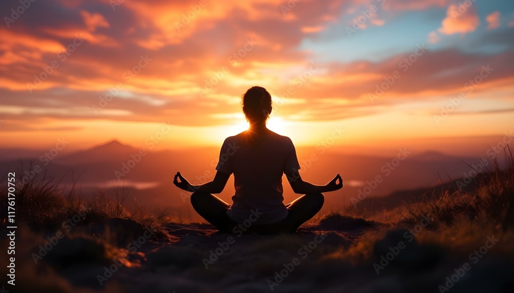 Serene Sunset Meditation: Silhouette of a Woman in Peaceful Yoga Pose Serene Sunset Meditation: Silhouette of a Woman in Peaceful Yoga Pose
