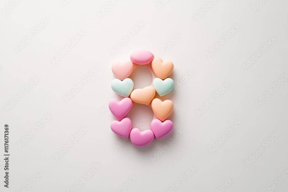 Heart-shaped number eight made of colorful candy hearts on white background Heart-shaped number eight made of colorful candy hearts on white background
