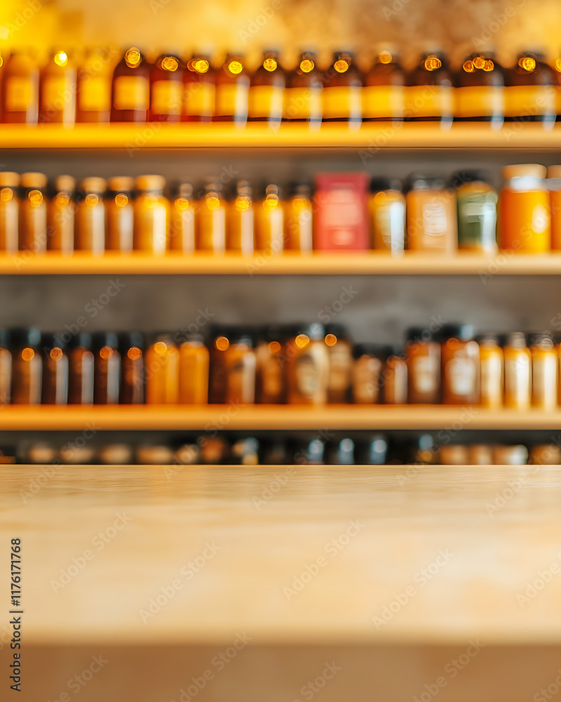 Wooden Counter with Blurred Shelves of Glass Containers Wooden Counter with Blurred Shelves of Glass Containers