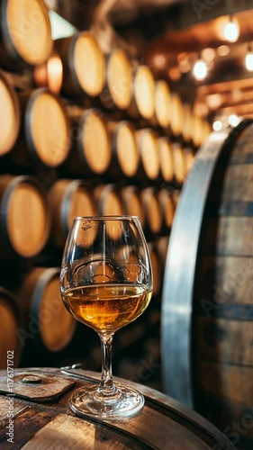 Tasting glass of amber spirit on wooden barrel in rustic cellar filled with aging barrels