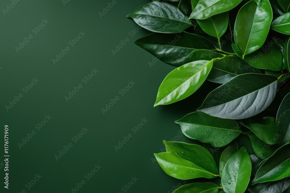 Fresh green leaves against a smooth dark green background Fresh green leaves against a smooth dark green background