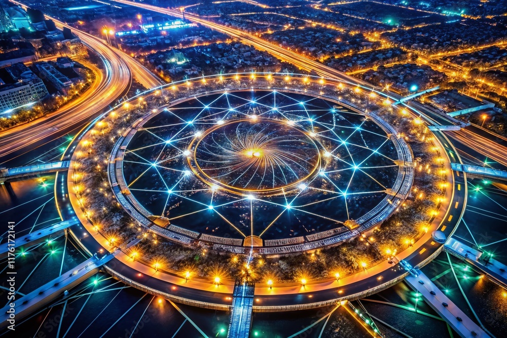 Fototapeta premium Aerial View of Pulsating Circular Network with Vibrant Glowing Lights at Night