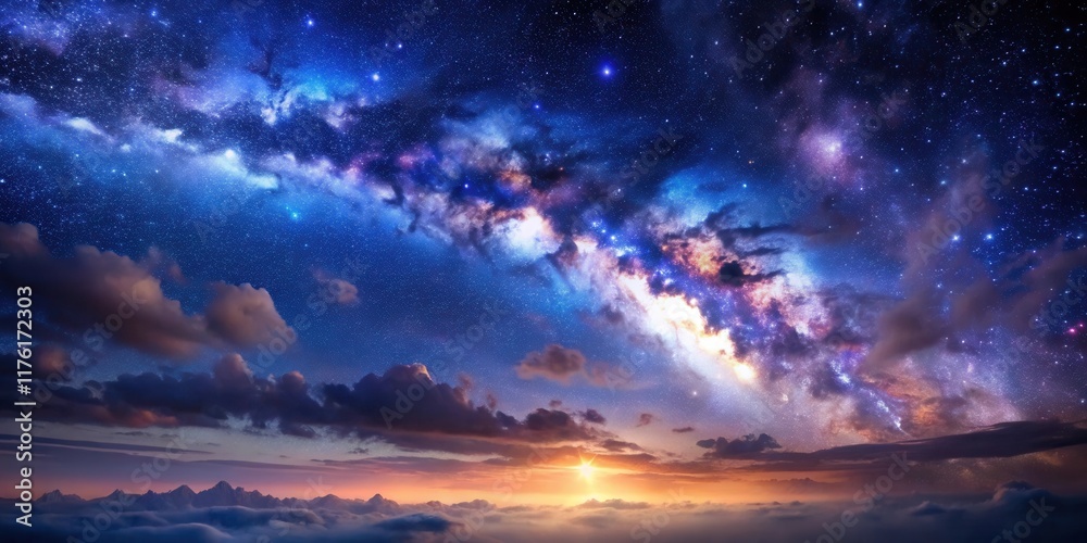 Fototapeta premium A Celestial Symphony of Stars, Clouds, and Mountains, Creating a Breathtaking Tapestry Across the Night Sky