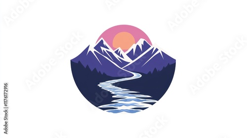 Mountain river sunset logo design, nature illustration photo