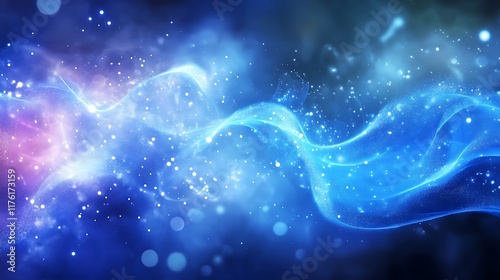 Fluid blue 3D curves interacting with a colorful energetic background