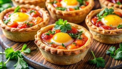 Wallpaper Mural Savory Pastry Cups Filled with Sun-Ripened Tomatoes and Creamy Eggs, Garnished with Fresh Parsley and a Rustic Wooden Board Presentation Torontodigital.ca