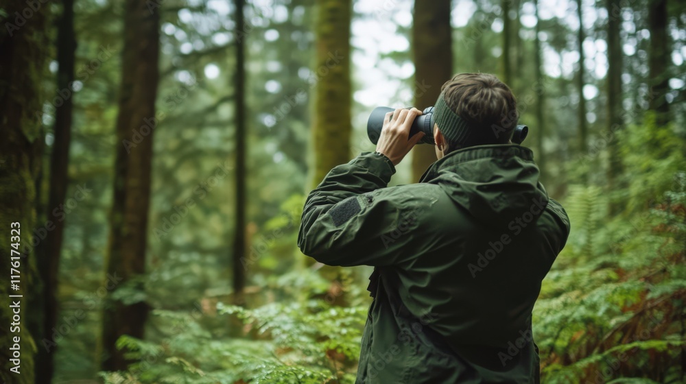 A man wearing a green jacket is looking through a camera lens A man wearing a green jacket is looking through a camera lens