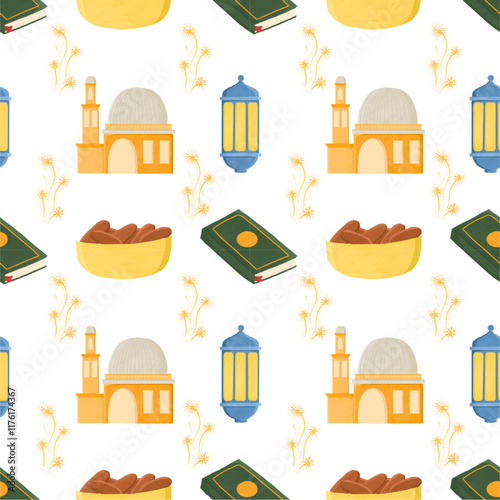 Ramadan kareem seamless pattern illustration style. Ramadan celebration, tradition, islamic, mosque, dates fruit, Ramadan mubarak. Design texture ideal for printing fabric and paper.