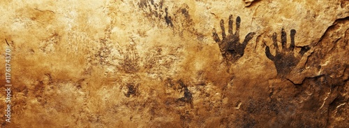 Ancient cave painting featuring handprints and other markings on a textured wall.