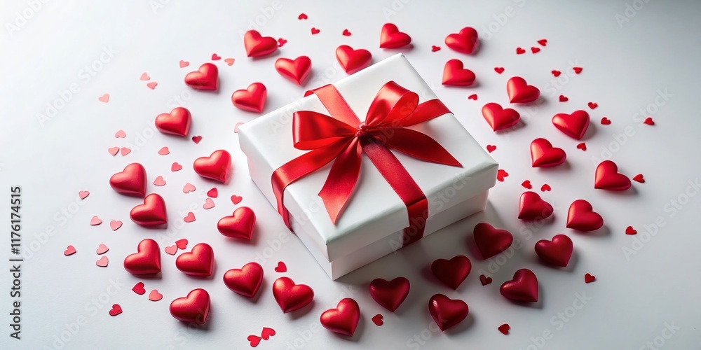 Aerial View: White Gift Box with Red Hearts - Valentine's, Wedding, Birthday Gift Aerial View: White Gift Box with Red Hearts - Valentine's, Wedding, Birthday Gift