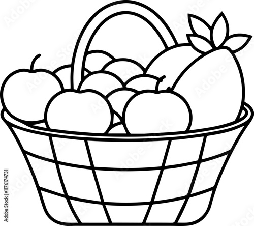Line Drawing of a Fruit Basket Filled with Grapes, and Apples
