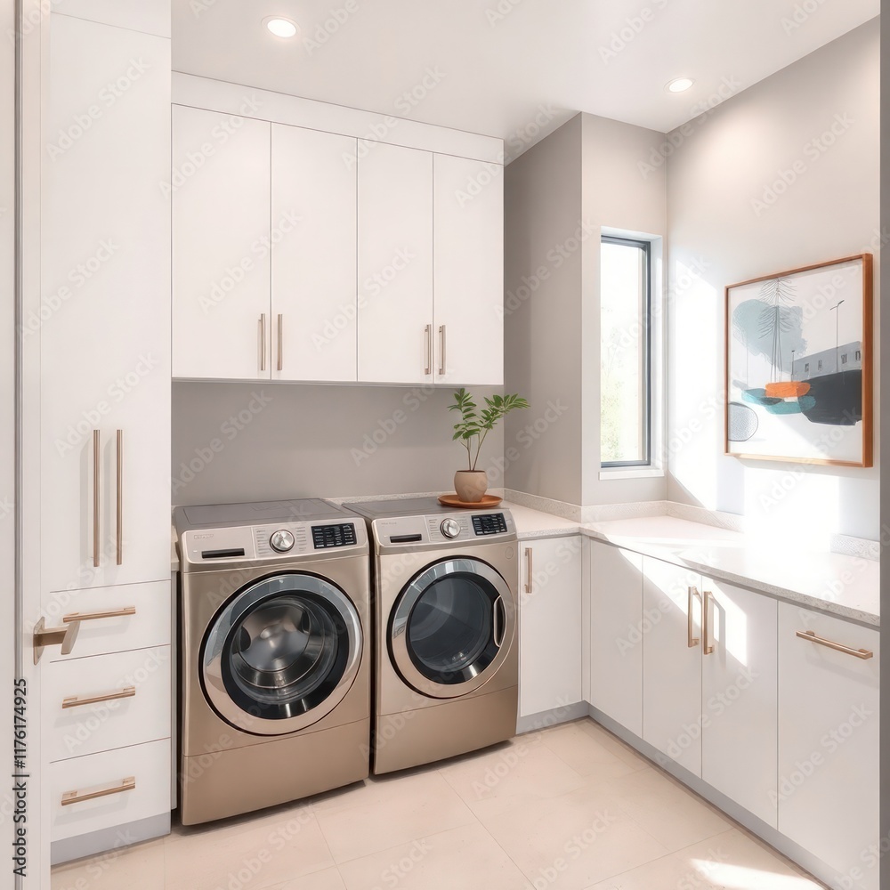 A modern and stylish laundry room that combines functionality with a sleek design. Washer and Dryer. Cabinetry. Counter Space. Natural Light. Artwork. Plants.
A modern and stylish laundry room that combines functionality with a sleek design. Washer and Dryer. Cabinetry. Counter Space. Natural Light. Artwork. Plants.
