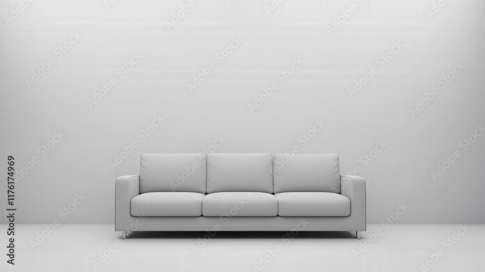 A white couch with three cushions sits in a room with a white wall A white couch with three cushions sits in a room with a white wall