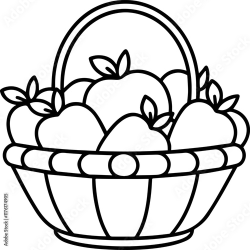 Line Drawing of a Fruit Basket Filled with Grapes, and Apples