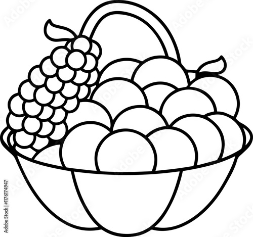 Line Drawing of a Fruit Basket Filled with Grapes, and Apples