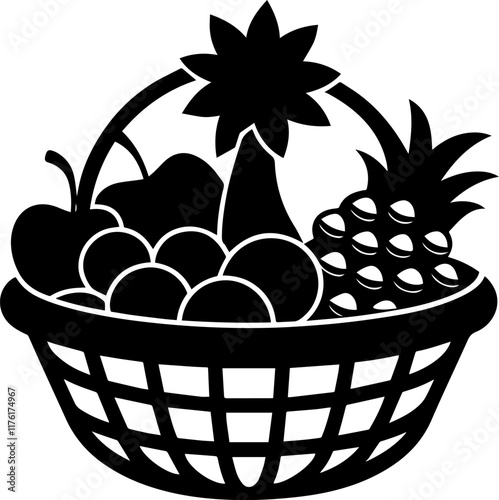 Silhouette Drawing of a Fruit Basket Filled with Grapes, and Apples