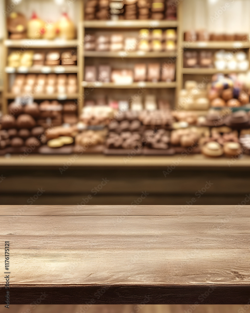Wooden Tabletop with Blurred Bakery Background Wooden Tabletop with Blurred Bakery Background