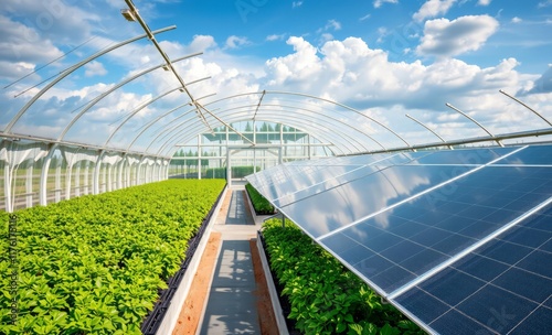 Solar panels, greenhouse, lettuce crops, renewable energy, sustainable agriculture, futuristic farming, solar farm, hydroponic cultivation, clean technology, green innovation, agricultural automation,