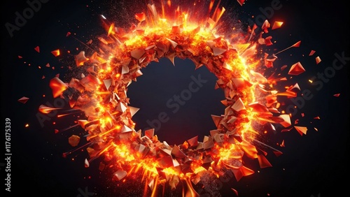 A fiery ring of fractured and fragmented pieces of a celestial body exploding outward on a dark background.