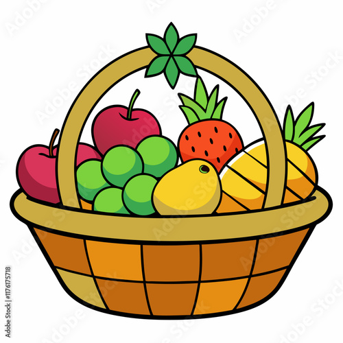 colorful Drawing of a Fruit Basket Filled with Grapes, and Apples, vector illustration 