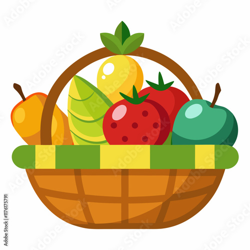 colorful Drawing of a Fruit Basket Filled with Grapes, and Apples, vector illustration 