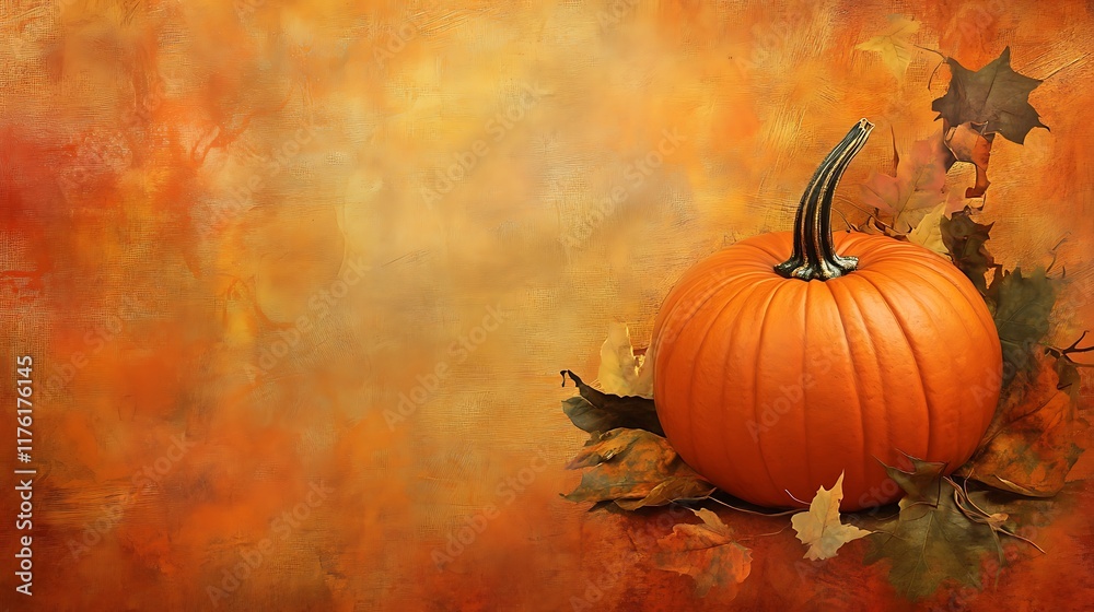 Fall pumpkin against an orange canvas providing ample space for promotional copy Fall pumpkin against an orange canvas providing ample space for promotional copy
