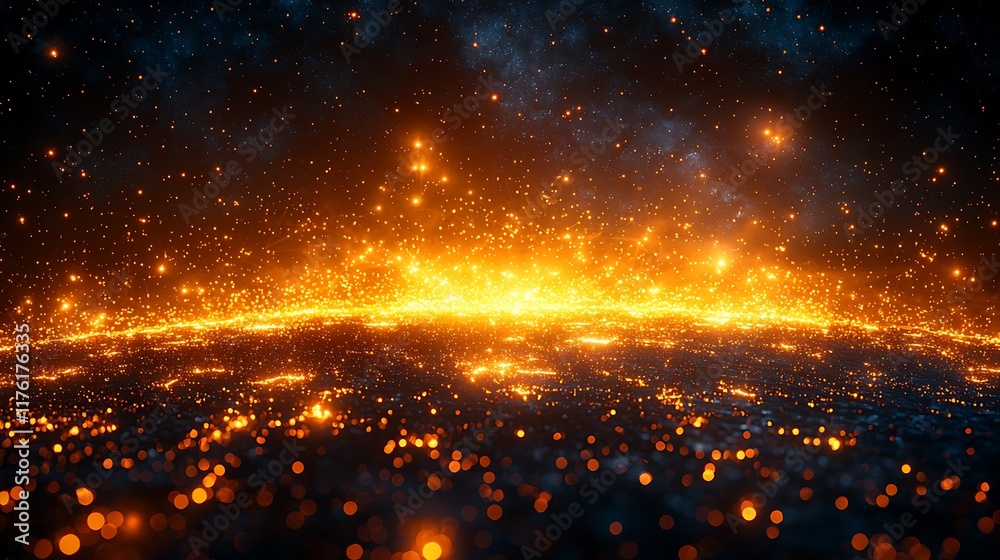 Naklejka premium Glowing embers illuminate dark landscape; cosmic background; fantasy, game design