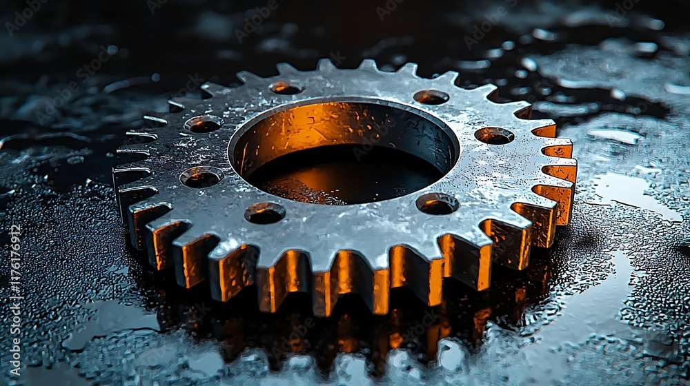 Grunge metal gear on dark wet surface, industrial background, machinery concept Grunge metal gear on dark wet surface, industrial background, machinery concept