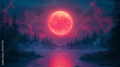 Blood moon rising over a misty forest lake at night.