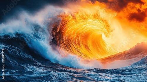 A dramatic ocean wave illuminated by fiery colors, showcasing nature's power and beauty.