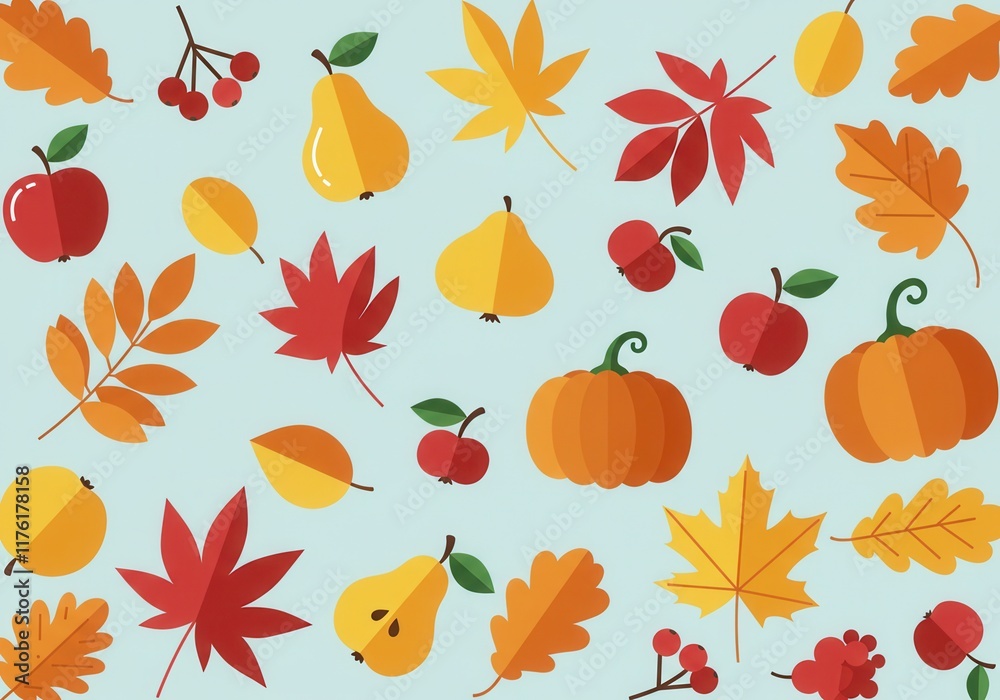 Obraz premium Vibrant autumn harvest pattern with leaves, pumpkins, and fruits