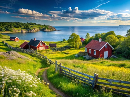 Fototapeta Naklejka Na Ścianę i Meble -  Baltic Sea Coastline, Swedish Idyll: Picturesque Coastal Scene with Traditional Houses