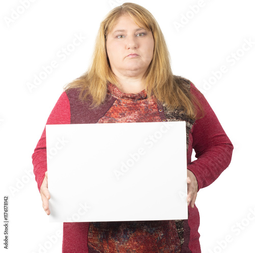 Woman Holding Blank Banner for Custom Message in Studio Setting photo