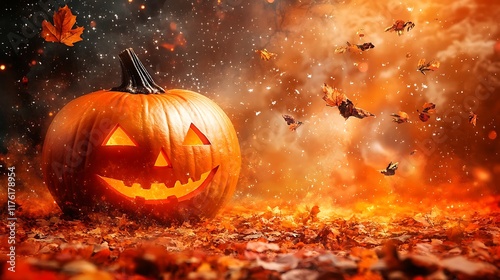 Vibrant orange pumpkin placed on an orange-colored backdrop with autumn-themed space