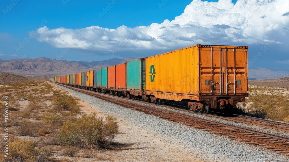 Colors of freight train cargo crossing a desert landscape under a bright blue sky with clouds in the background Colors of freight train cargo crossing a desert landscape under a bright blue sky with clouds in the background