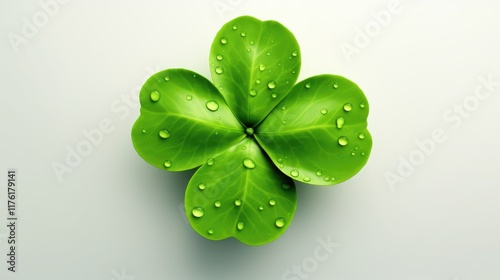 Fresh green four-leaf clover on white background, St. Patricks Day luck.