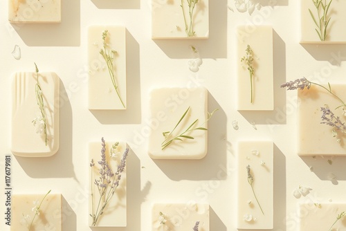 Flat lay of handmade soap bars with dried flowers and herbs, arranged on a beige background in sunlight.