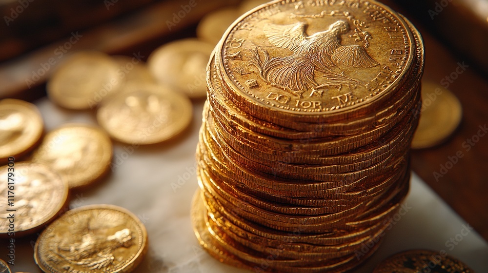 A stack of shiny gold coins surrounded by scattered coins, showcasing wealth and currency. A stack of shiny gold coins surrounded by scattered coins, showcasing wealth and currency.