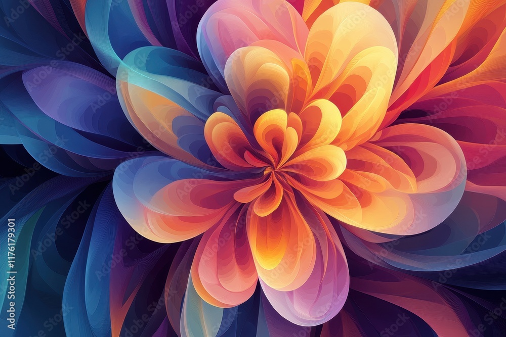 Abstract Flower with Layered Petals in Warm and Cool Colors Abstract Flower with Layered Petals in Warm and Cool Colors