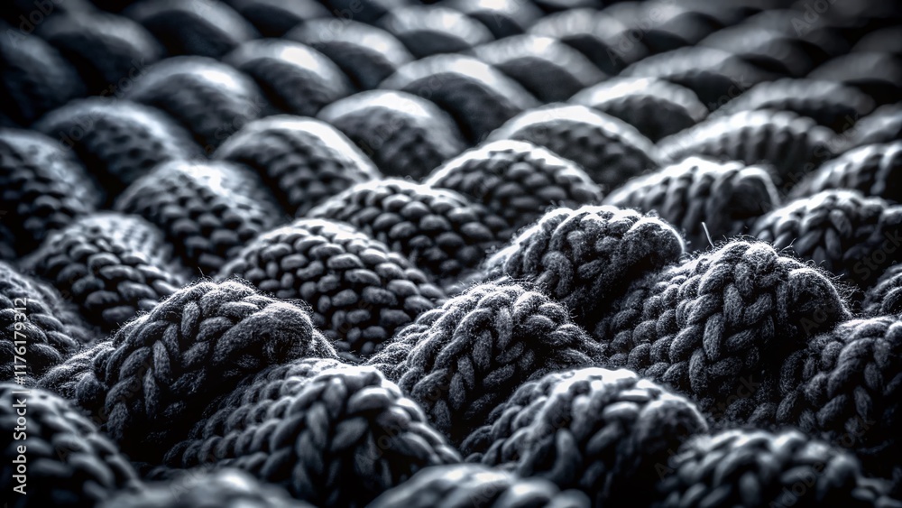 Black and White Knit Texture: Night Photography, Abstract Wool Fabric Background Black and White Knit Texture: Night Photography, Abstract Wool Fabric Background