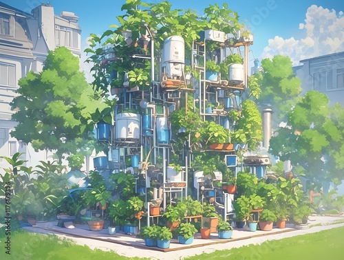 Futuristic vertical garden integrated into urban environment.