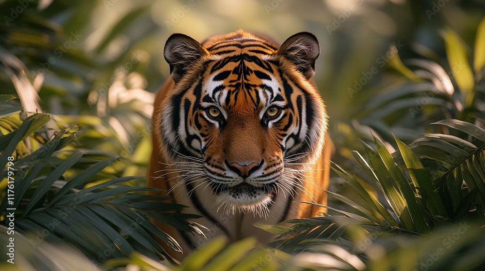 Fototapeta premium A close-up of a tiger prowling through lush green foliage, showcasing its striking features and natural habitat.