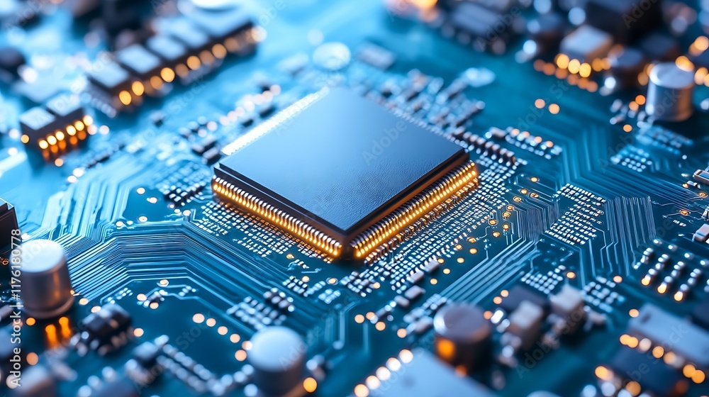 Obraz premium Generative AI design of a futuristic chipset embedded in a tech landscape