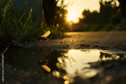 Mosquito biting a person s neck with soft light early morning outdoor setting  photo